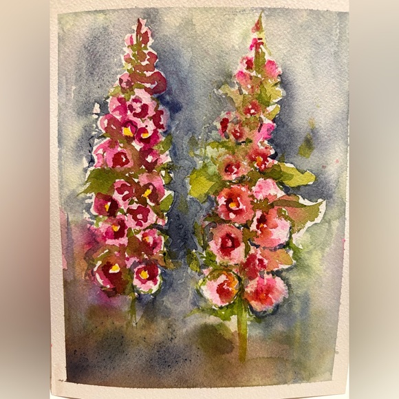 handmade Other - Floral Watercolor Painting with Pink and Green Hues